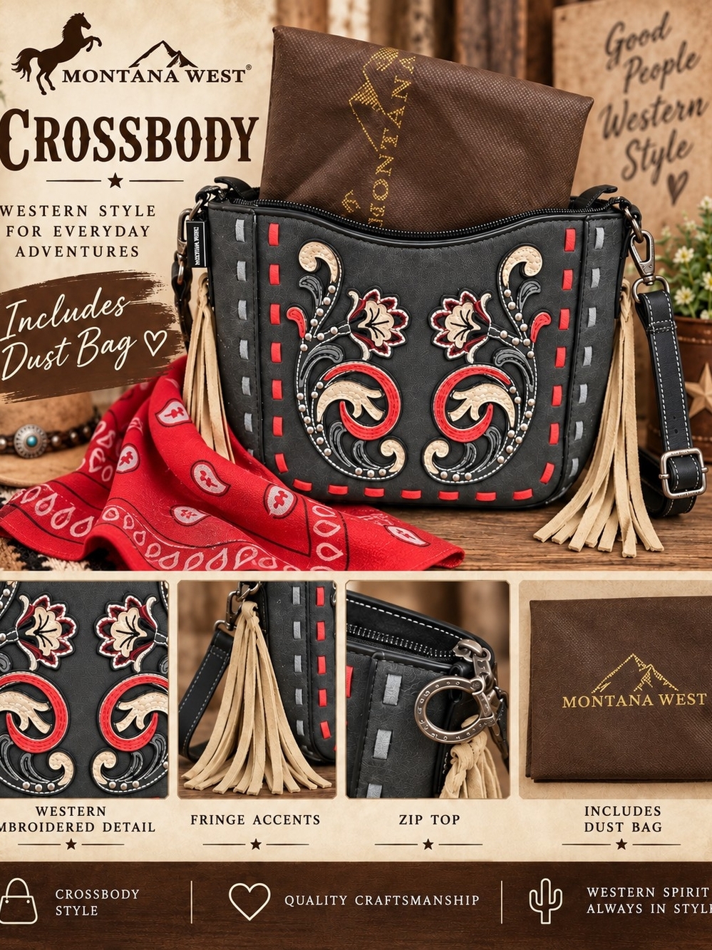 Montana West Black, Red & Tan Western Embroidered Crossbody